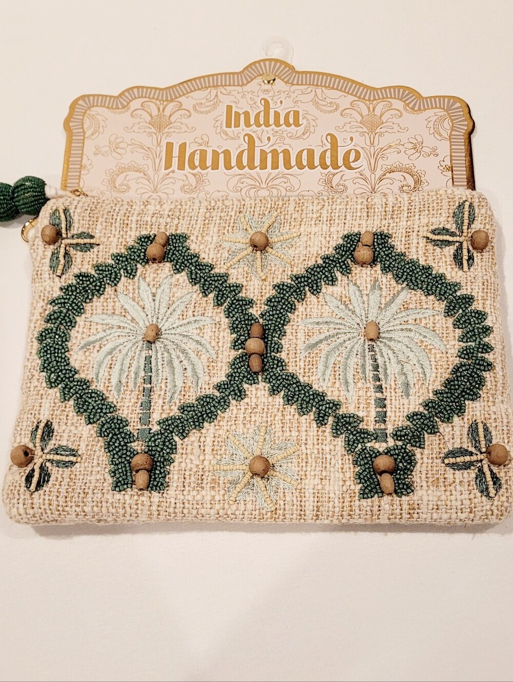 Handmade Beaded Palm Clutch - Beige & Green